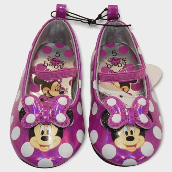 Disney Baby Girl Minnie Mouse Pink Shimmer Polka Dot Mary Jane Ballet Flats Size - Picture 1 of 5